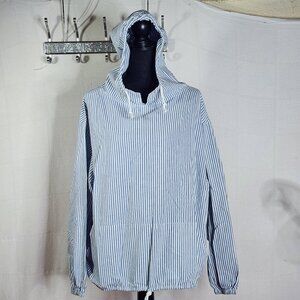 Faith Mountain Company Vtg Navy Striped Cotton LS Seersucker Hooded Top Size PXL